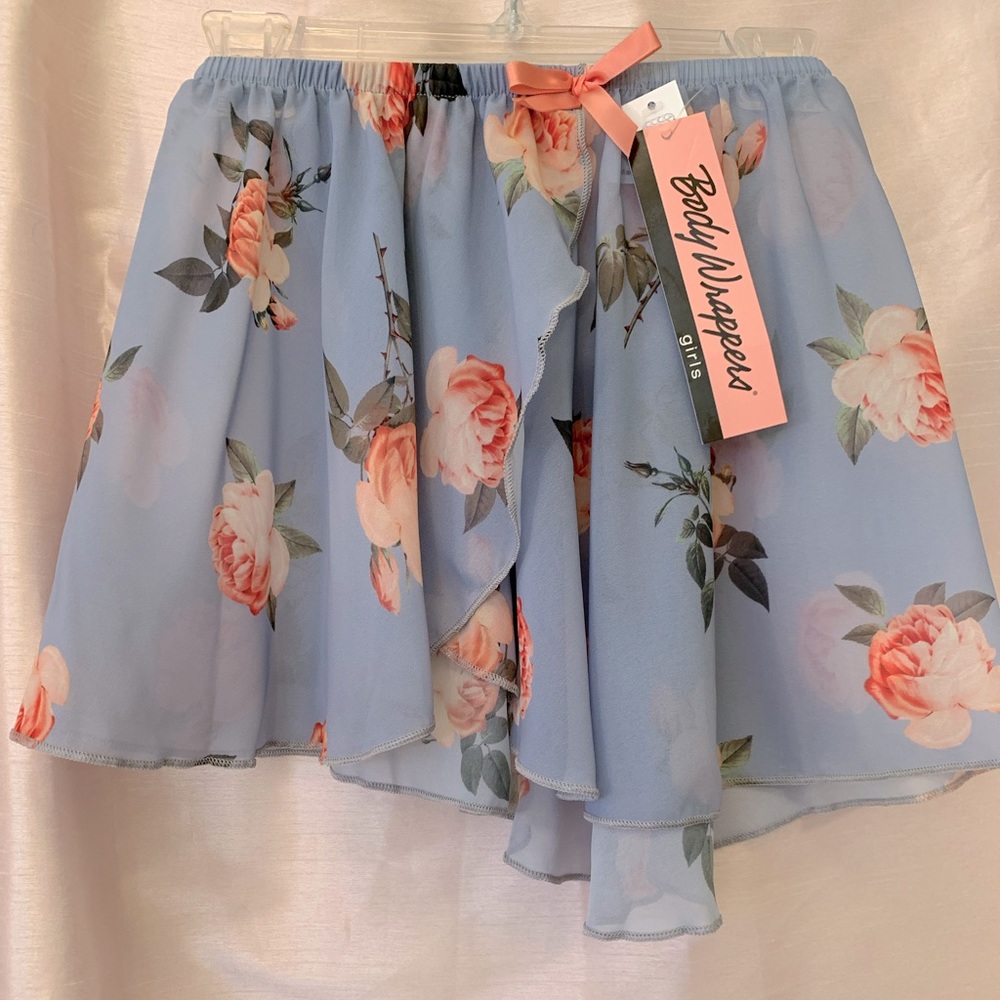 BODY WRAPPERS Girls Floral Chiffon Mock Wrap Ballet Skirt CORNFLOWER